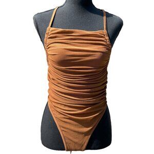 Remidoo Women's Sleeveless Ruched Mesh Strappy Backless Bodysuit Leotard brown S